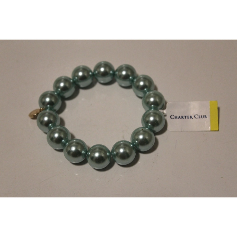 Charter Club Gold-Tone Imitation Pearl Stretch Bracelet / Bangle Aqua Blue NEW - Picture 6 of 6